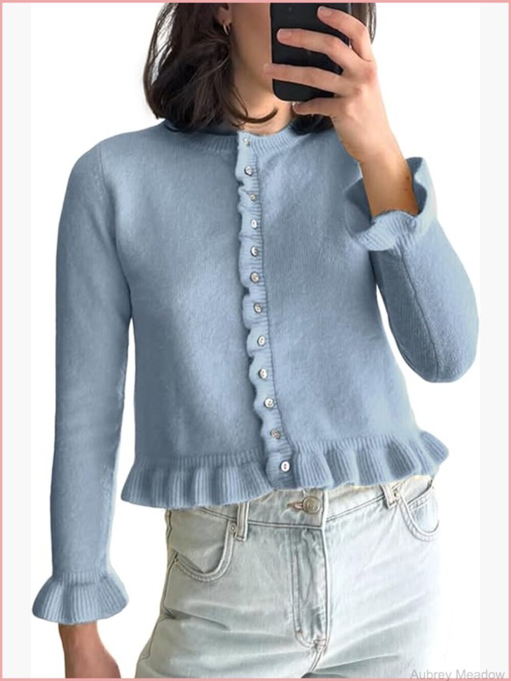 Cropped Cardigan Sweater Ruffle Crewneck Button Down Knit